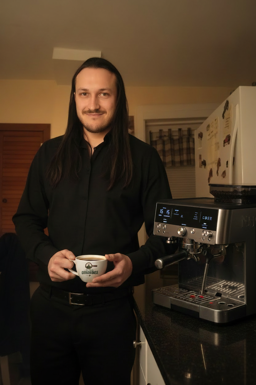 Matthew Pacharis, founder of The Daily Grindhouse, standing in front of his Ninja Lux Café espresso machine holding a branded white coffee mug